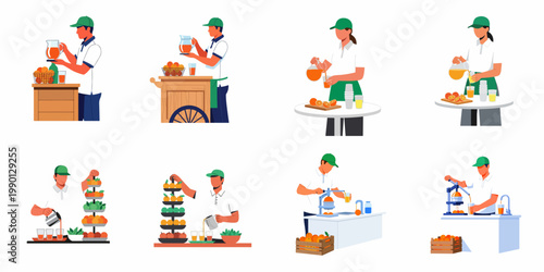 Collection of flat vector illustrations featuring people in uniforms preparing and serving fresh orange juice using manual presses and pitchers at juice stalls.