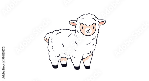Cute cartoon illustration of a fluffy white sheep with a sweet face and black hooves isolated on a white background.