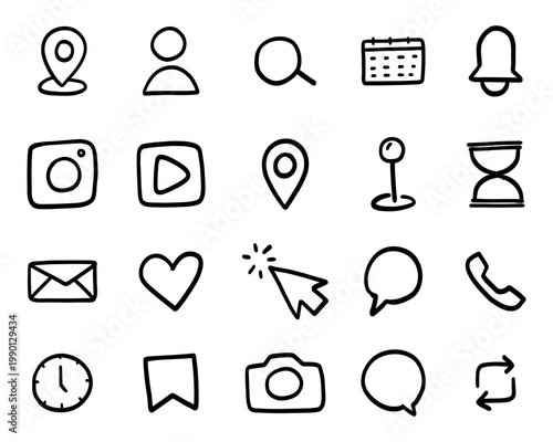 Hand Drawn UI Icons Set Doodle Interface Social Media App Outline Collection