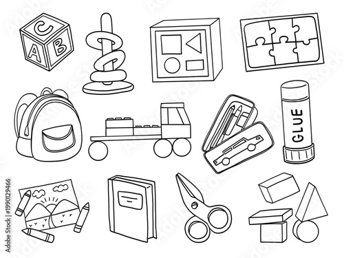 Kids School Icons Set Education Doodle Clipart Backpack Book Pencil Scissors Toy Illustration