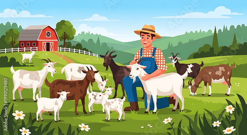 Smiling farmer tending to his happy herd of diverse goats and playful kids in a picturesque green pasture with a traditional red barn and farmhouse, depicting idyllic rural farm life