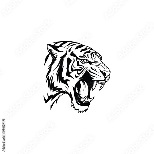 A fierce tiger head illustration shows an angry animal with open mouth and sharp teeth.