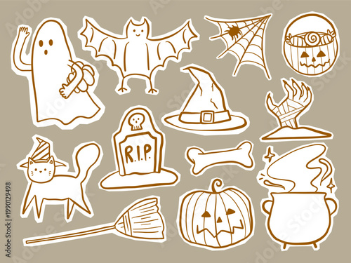 Halloween Doodle Clipart Set Cute Ghost Pumpkin Bat Witch Hand Drawn Icons