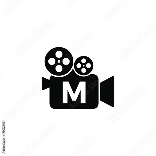 A film camera with reels and a large M on the body is shown.