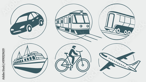 Transportation and travel icons set with airplane