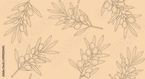 Seamless pattern of olive branches with fruit in a fine line art style presented on a warm beige background for decor.