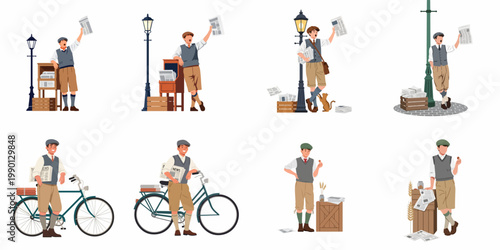 Set of Vintage Newspaper Boy Illustrations Featuring Newsies in Retro Attire Selling Papers, Shouting Headlines, and Standing with Bicycles on White Background