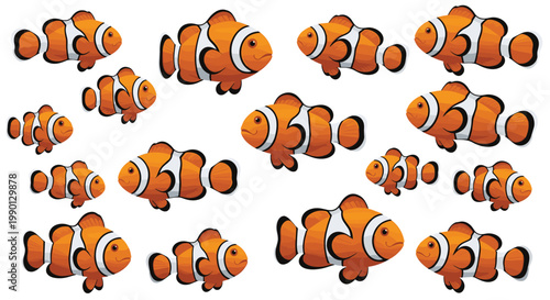 Vibrant seamless pattern of orange clownfish swimming in different directions on a white background for aquarium art.