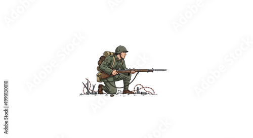 Photos Illustration of a soldier in combat position with rifle and helmet