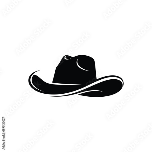 A black cowboy hat with white accents sits alone on a plain background.