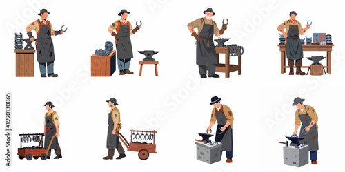 Set of professional blacksmiths and farriers working with horseshoes, anvils, and carts, flat vector illustrations isolated on a white background.