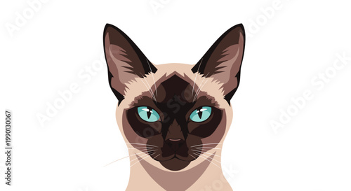 Close-up portrait of a siamese cat with distinctive dark points and striking blue eyes looking directly forward on a plain white background.