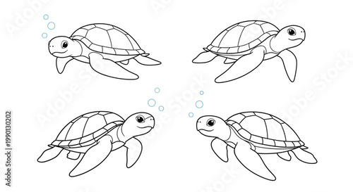 Set of four sea turtles in various swimming poses with air bubbles around them illustrated as line art for coloring.
