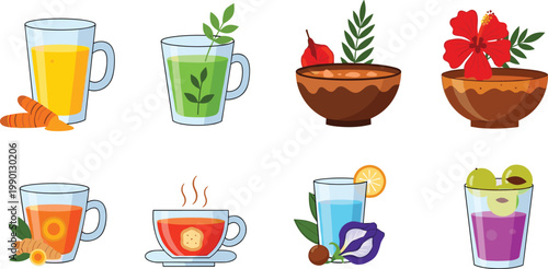 Holistic Ayurvedic Beverage Vector Illustration Set Featuring Turmeric Latte Green Tea Hibiscus Infusion Herbal Broths and Natural Wellness Drinks for Healthy Lifestyle Menus