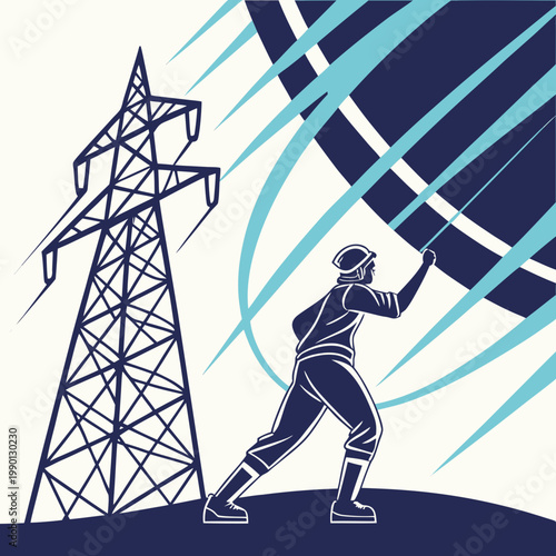 Engineer working near power transmission tower
