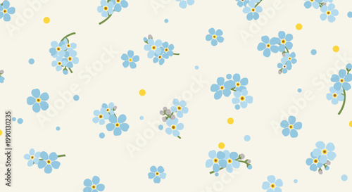 Delicate seamless pattern of small blue forget-me-not flowers and yellow dots on a pale cream background for romantic designs.
