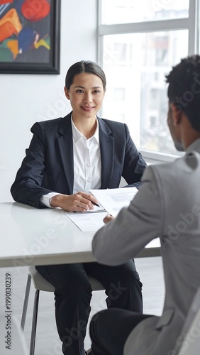A professional woman and man in a meeting