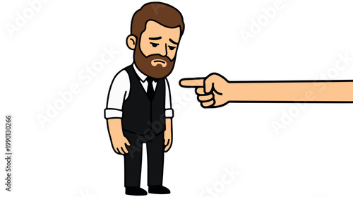 angry man with beard looking down while being pointed at, vector illustration