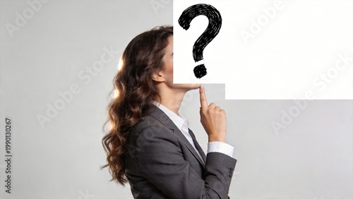 Business woman with thought bubble containing question mark concept unknown mystery person thinking process confusion uncertainty decision making corporate career marketing