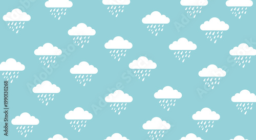 Seamless pattern of white fluffy clouds with falling rain drops set against a soothing light blue sky background.