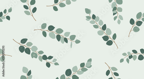 Elegant seamless pattern of eucalyptus branches with soft green leaves on a pale mint green background for wellness branding.