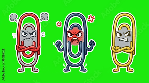 Three Angry Paperclips with Furious Expressions and Animated Features.