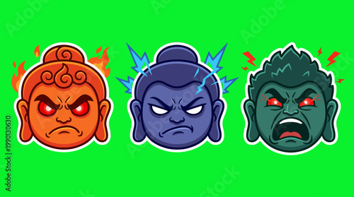 Three Cartoon Buddhas with Angry Expressions on Green Background.