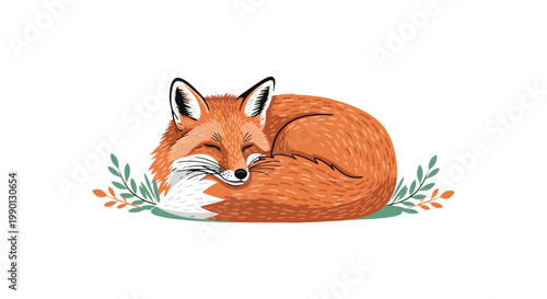 Detailed illustration of a red fox curled up and sleeping peacefully with a bushy tail and surrounded by floral sprigs.