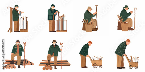 Illustrations of an elderly craftsman making and selling handcrafted wooden walking sticks and canes in various poses on a white background.