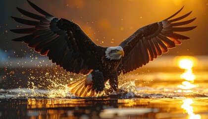 A majestic bald eagle soars through the air, creating a splash as it emerges from the water during a vibrant sunset.