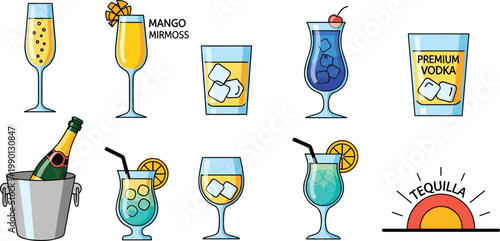 Professional Alcohol and Barware Vector Illustration Set Featuring Premium Vodka, Tequila Sunset, Mango Mimosa, Champagne Bucket, and Classic Mixed Cocktail Icons for Menus