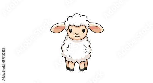 Cute cartoon sheep with fluffy white wool standing against a white background, perfect for children's educational materials and illustrations.
