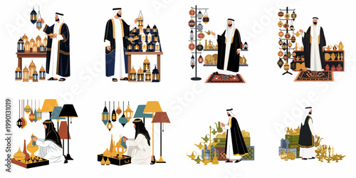 Set of flat illustrations featuring an Arab man showcasing traditional lanterns and brassware in a marketplace, ideal for Ramadan and Islamic themes.