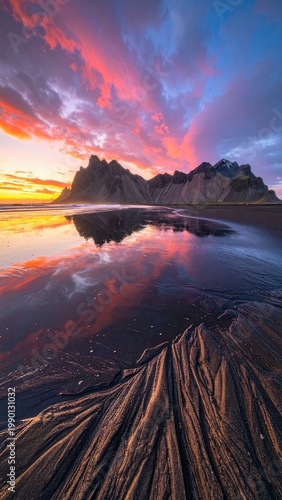 A breathtaking view of a black sand beach at sunset, showcasing dramatic mountain reflections in the calm water and intricate sand patterns in the foreground.