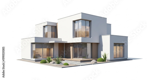 Modern White Luxury House with Large Windows and Landscaping.