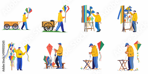 Set of illustrations featuring male kite vendors and makers selling colorful kites from carts and stands and handcrafting them