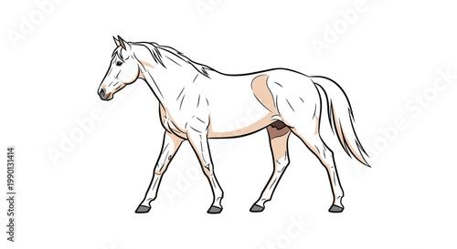 Graceful white horse with light tan patches walking with its head held high, ideal for equestrian sports and animal husbandry visuals.