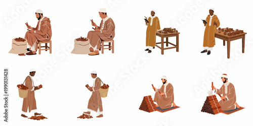 Illustrations of North African men in traditional djellabas working with cinnamon sticks, including sorting, bundling, and transporting spices.