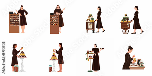 Flat illustration set of elegant women working in an artisanal chocolate shop, handling handmade truffles, gift boxes, and display carts.