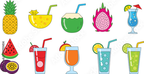 Tropical Summer Fruit Beverage Vector Illustration Set Featuring Pineapple Juice, Coconut Water, Dragon Fruit Smoothie, Watermelon Drink, and Passion Fruit Cocktails for Menu Design