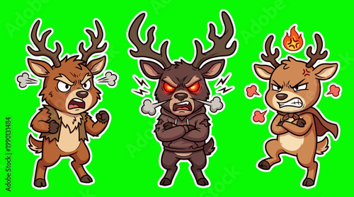Three Angry Cartoon Deer with Steam and Flames Expressing Frustration.