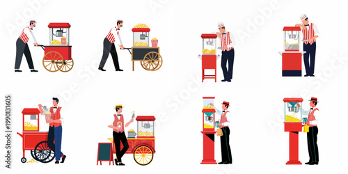 Set of flat illustrations featuring vintage popcorn vendors operating classic red and white carts and machines for street food and cinema snacks.