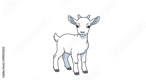 Cute white baby goat standing and looking forward with a playful expression, perfect for children's farm animal books and illustrations.