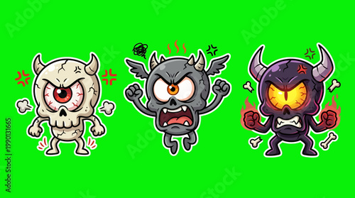 Three Angry Cartoon Demons with Horns and Fiery Expressions.