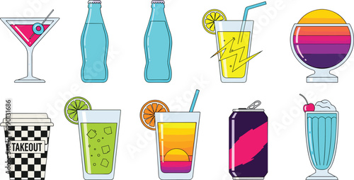 Vibrant Retro Pop Beverage Vector Illustration Set Featuring Neon Cocktails Energy Drinks Fruit Sodas Takeout Coffee and Colorful Summer Refreshments for Modern Menu Designs
