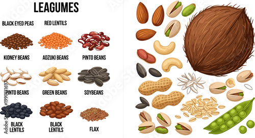Legumes and Nuts Collection Set with Black Eyed Peas Lentils Kidney Beans Peanut Pistachio Coconut and Seeds for Food Design