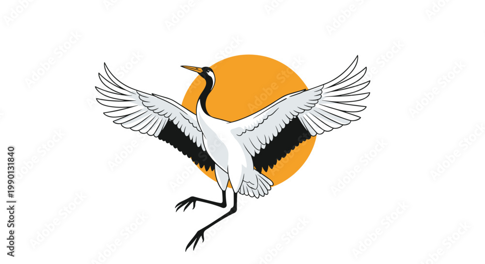 Obraz premium Beautiful illustration of a Japanese crane flying gracefully in front of a bright orange sun on a simple white background.