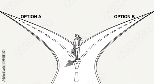 Person standing at a fork in the road making a decision.