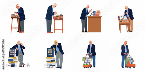 Collection of illustrations featuring an elderly male philatelist meticulously examining, sorting, and organizing his postage stamps as part of his retired lifestyle hobby.