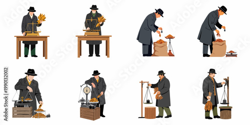 Set of vintage illustrations featuring men in overcoats weighing dried tobacco leaves with various antique scales, isolated on a white background.